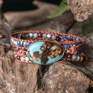 Handmade Wrap Bracelet Turquoise, Jasper & Amazonite Natural Stones Leather